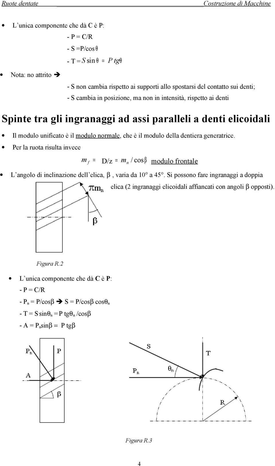 detiera geeratrice. Per la ruota risulta ivece m f D/ m / cos β modulo frotale L agolo di icliaioe dell elica, β, varia da 0 a 45.