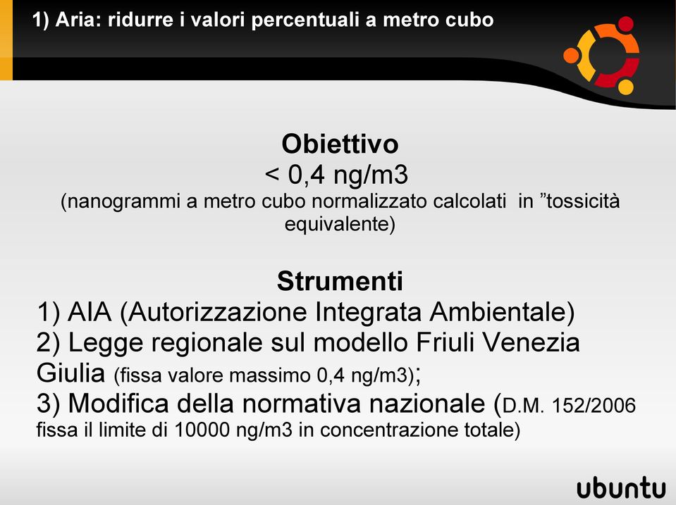 2) Legge regionale sul modello Friuli Venezia Giulia (fissa valore massimo 0,4 ng/m3); 3)