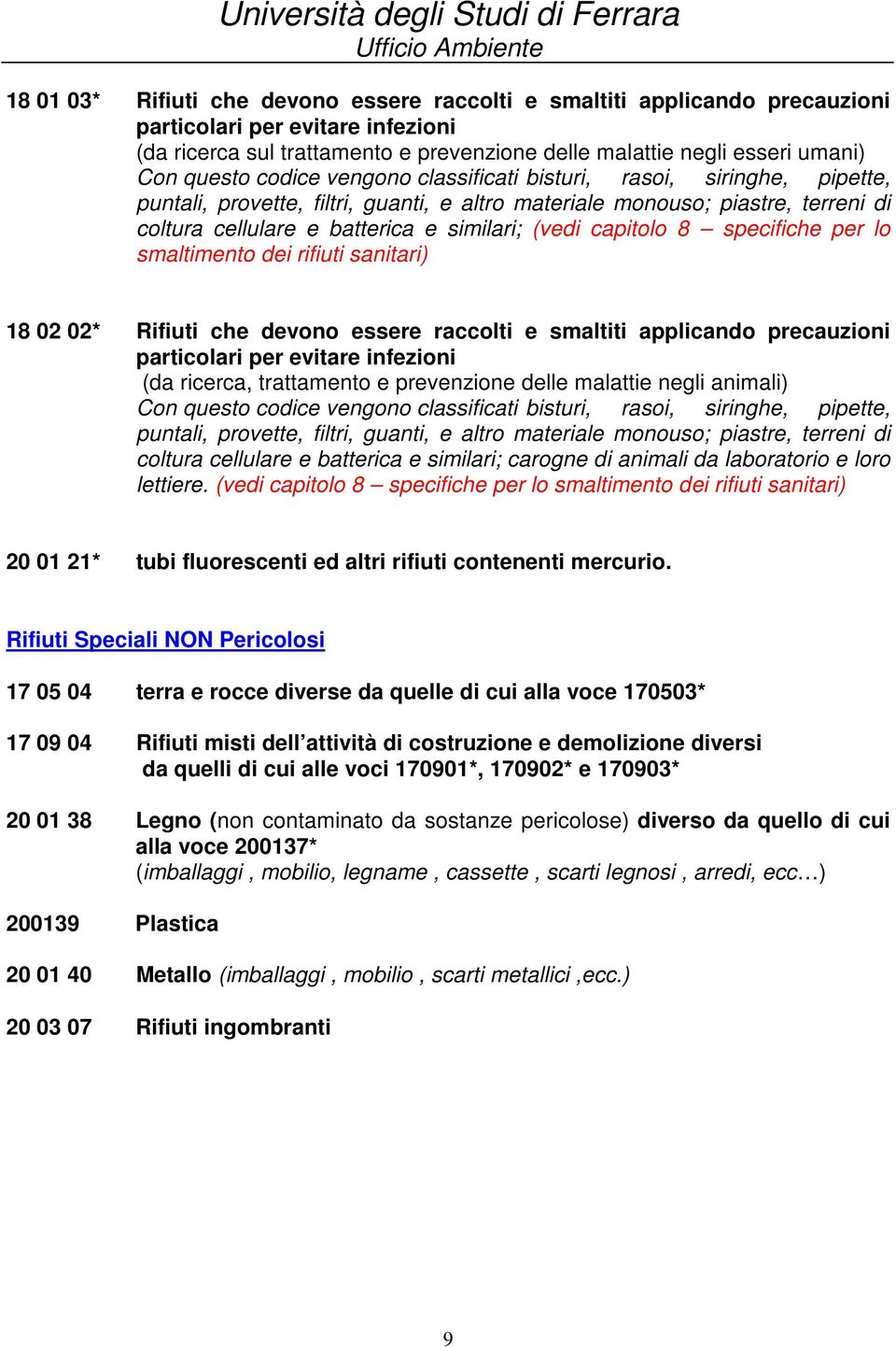 capitolo 8 specifiche per lo smaltimento dei rifiuti sanitari) 18 02 02* Rifiuti che devono essere raccolti e smaltiti applicando precauzioni particolari per evitare infezioni (da ricerca,