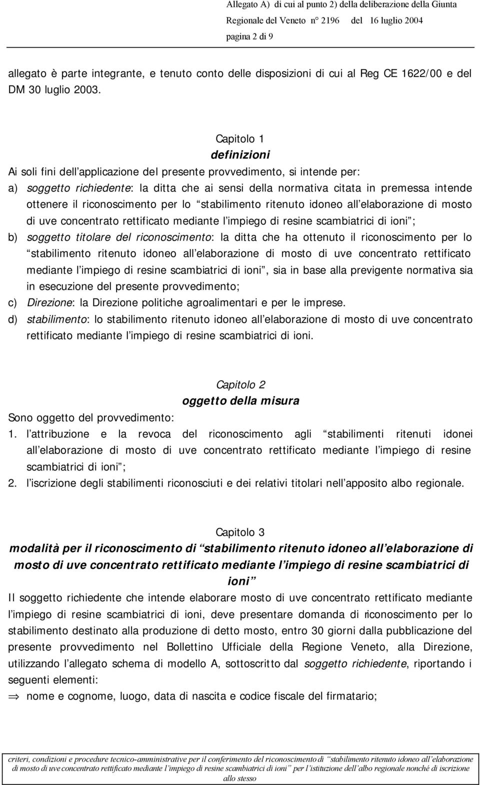 riconoscimento per lo stabilimento ritenuto idoneo all elaborazione di mosto di uve concentrato rettificato mediante l impiego di resine scambiatrici di ioni ; b) soggetto titolare del