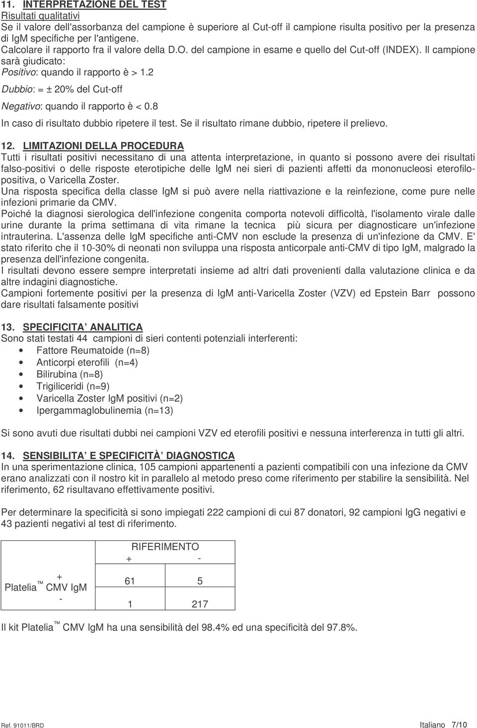 2 Dubbio: = ± 20% del Cut-off Negativo: quando il rapporto è < 0.8 In caso di risultato dubbio ripetere il test. Se il risultato rimane dubbio, ripetere il prelievo. 12.