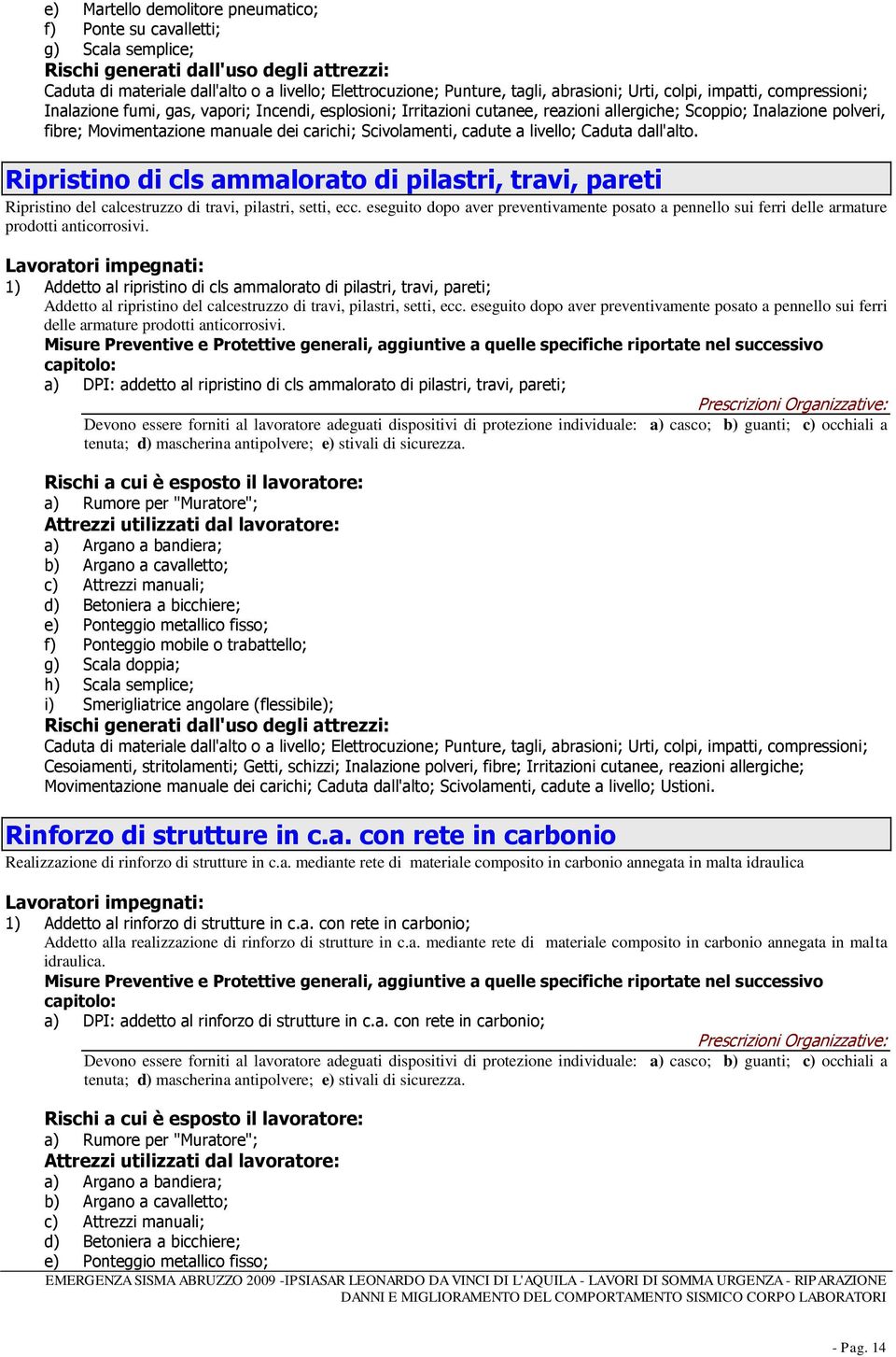 dei carichi; Scivolamenti, cadute a livello; Caduta dall'alto. Ripristino di cls ammalorato di pilastri, travi, pareti Ripristino del calcestruzzo di travi, pilastri, setti, ecc.