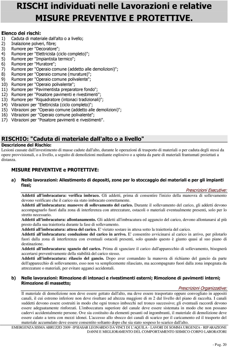 termico"; 6) Rumore per "Muratore"; 7) Rumore per "Operaio comune (addetto alle demolizioni)"; 8) Rumore per "Operaio comune (murature)"; 9) Rumore per "Operaio comune polivalente"; 10) Rumore per