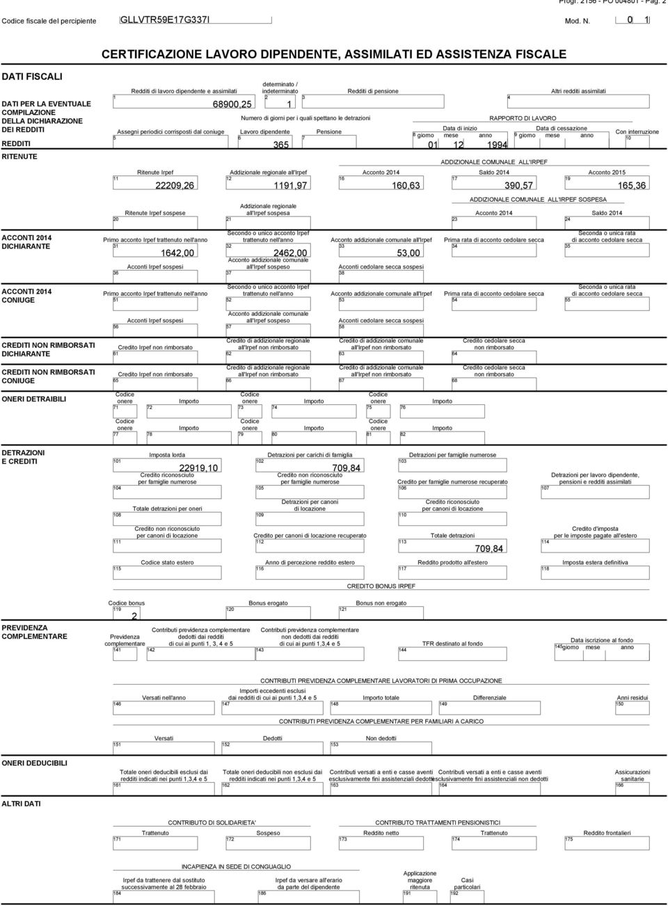 assimilati Assegni periodici corrisposti dal coniuge 5 0 Ritenute Irpef 0, Ritenute Irpef sospese 800,5 determinato / indeterminato Numero di giorni per i quali spettano le detrazioni Lavoro