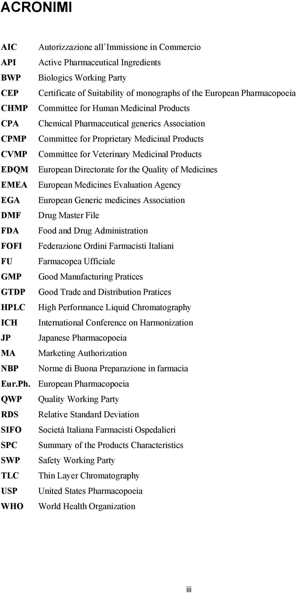 European Directorate for the Quality of Medicines EMEA European Medicines Evaluation Agency EGA European Generic medicines Association DMF Drug Master File FDA Food and Drug Administration FOFI