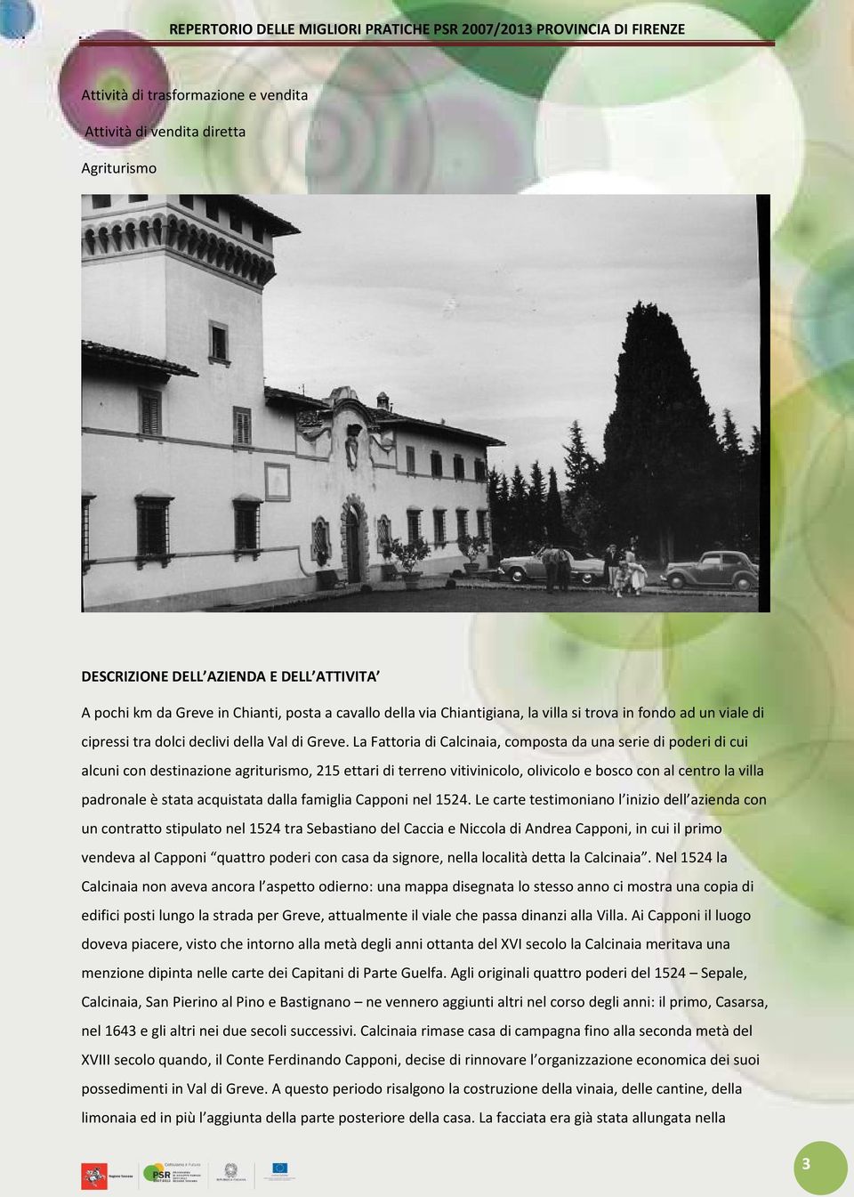 La Fattoria di Calcinaia, composta da una serie di poderi di cui alcuni con destinazione agriturismo, 215 ettari di terreno vitivinicolo, olivicolo e bosco con al centro la villa padronale è stata