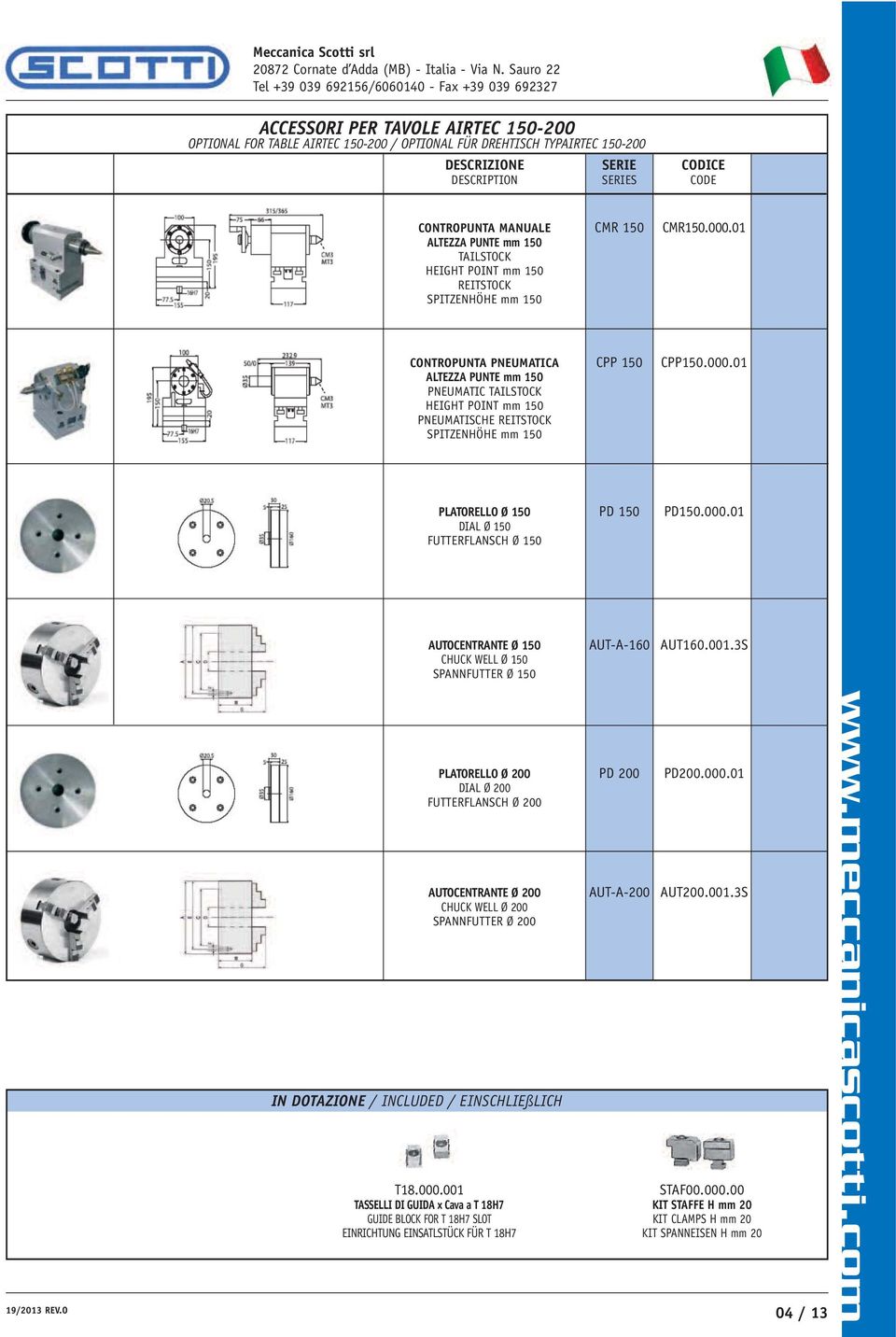 01 ALTEZZA PUNTE mm 150 PNEUMATIC TAILSTOCK HEIGHT POINT mm 150 PNEUMATISCHE REITSTOCK SPITZENHÖHE mm 150 PLATORELLO Ø 150 PD 150 PD150.000.