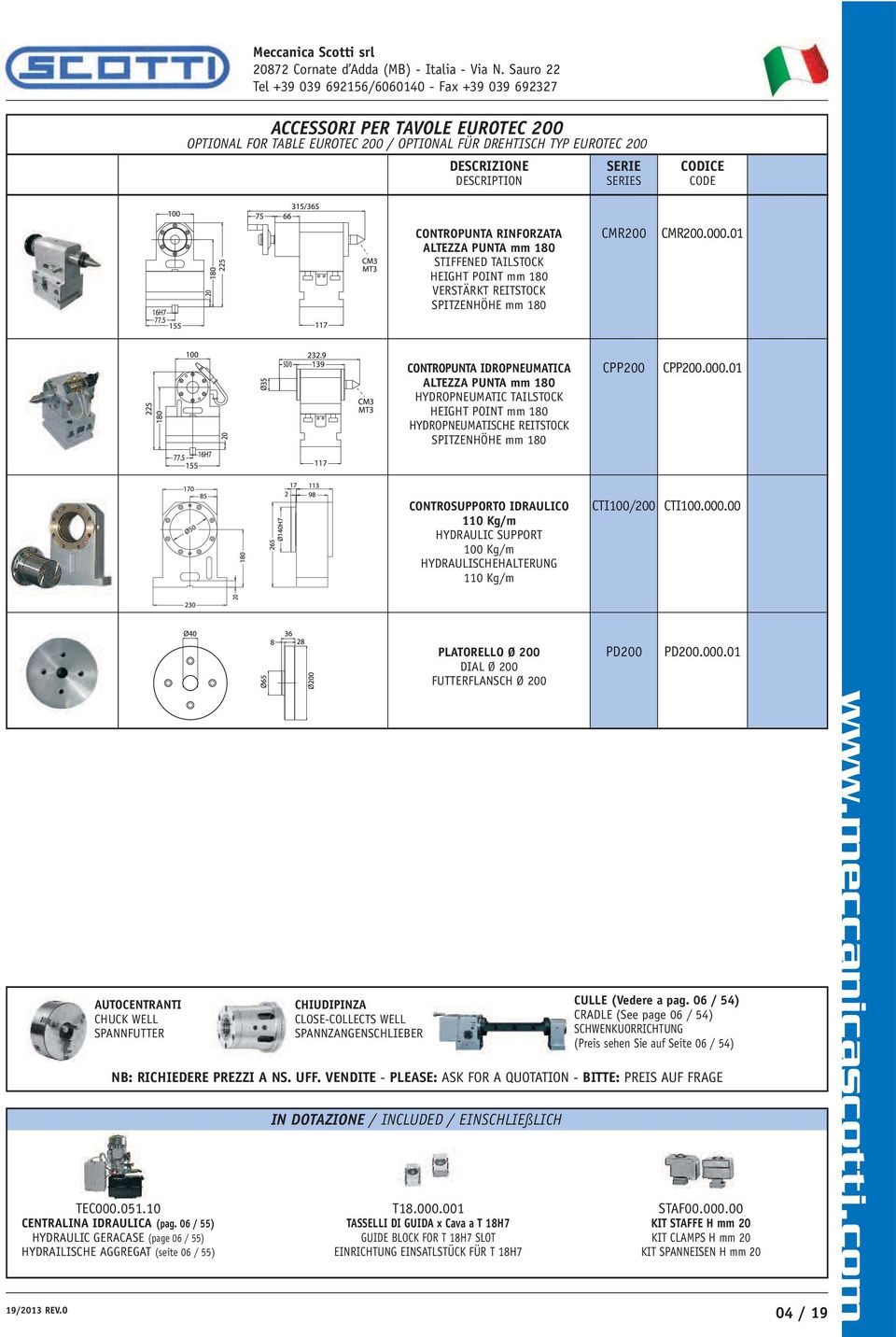 01 ALTEZZA PUNTA mm 180 HYDROPNEUMATIC TAILSTOCK HEIGHT POINT mm 180 HYDROPNEUMATISCHE REITSTOCK SPITZENHÖHE mm 180 CONTROSUPPORTO IDRAULICO 110 Kg/m HYDRAULIC SUPPORT 100 Kg/m HYDRAULISCHEHALTERUNG