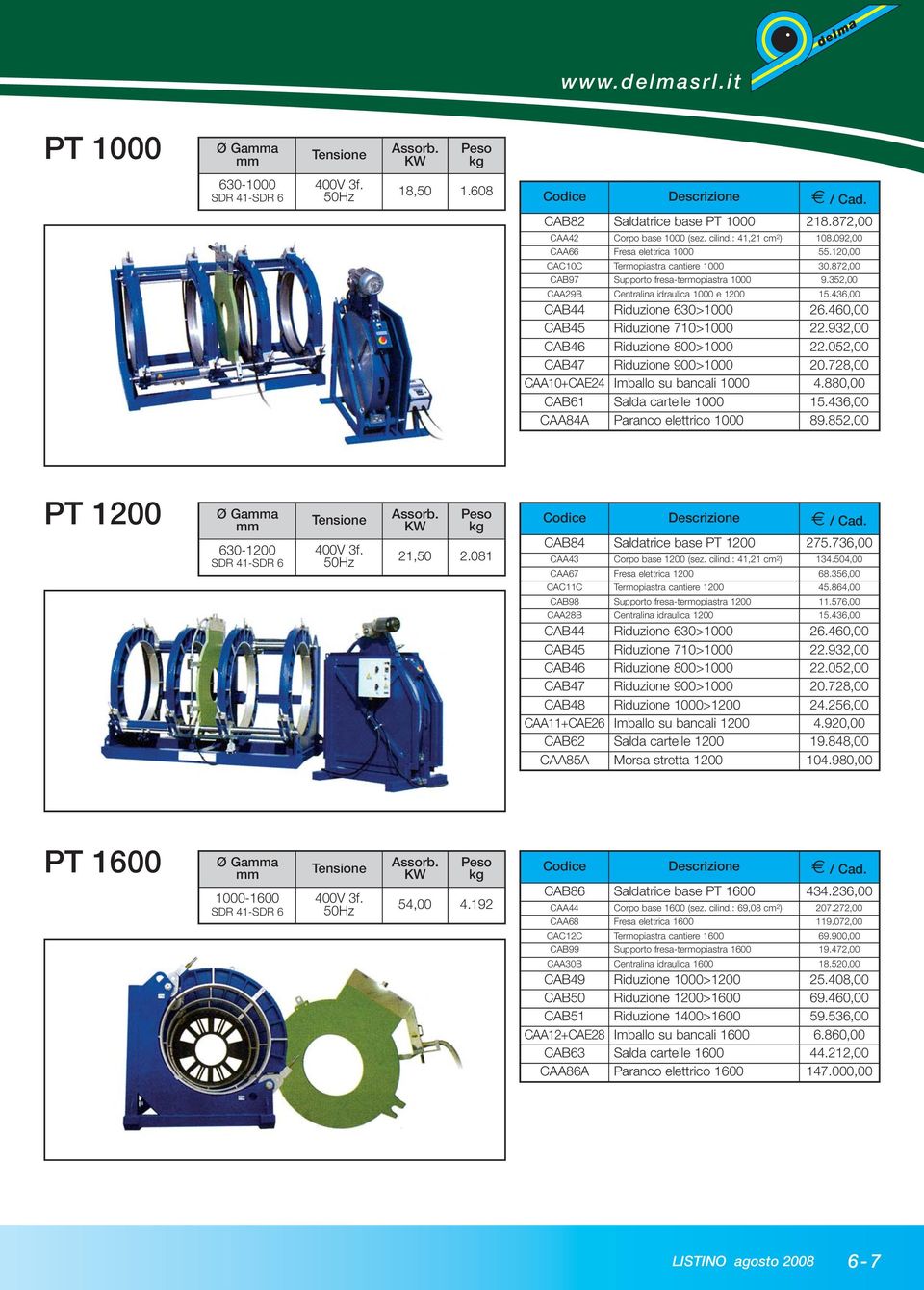 460,00 CAB45 Riduzione 710>1000 22.932,00 CAB46 Riduzione 800>1000 22.052,00 CAB47 Riduzione 900>1000 20.728,00 CAA10+CAE24 Imballo su bancali 1000 4.880,00 CAB61 Salda cartelle 1000 15.