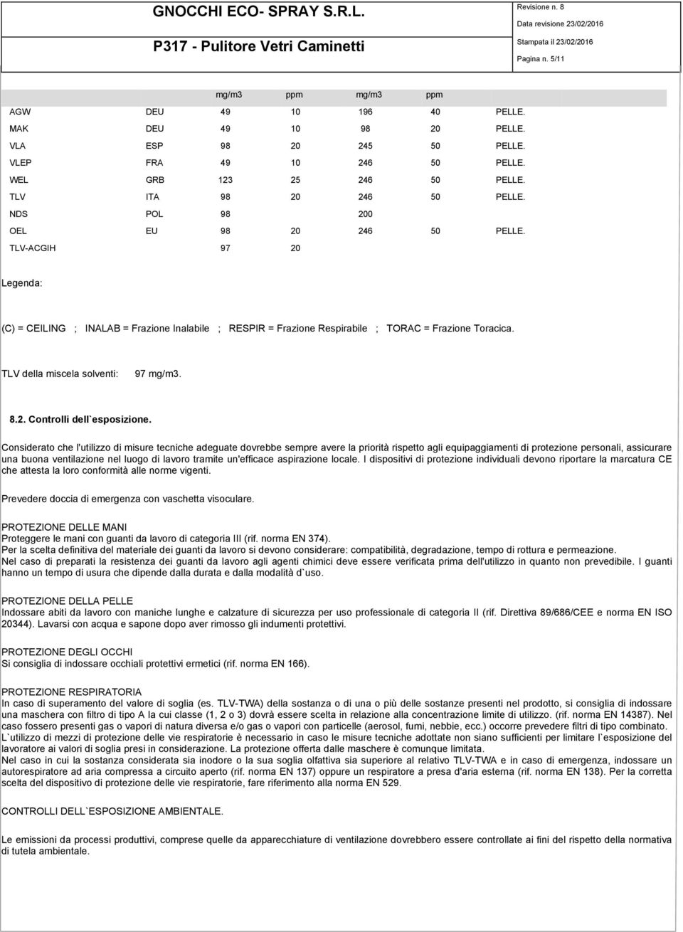 TLV della miscela solventi: 97 mg/m3. 8.2. Controlli dell`esposizione.