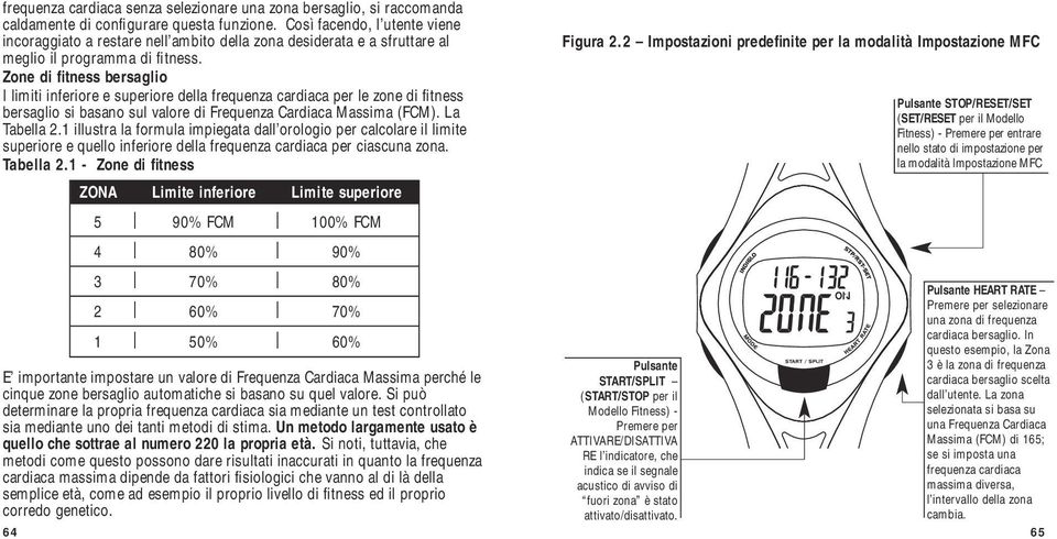 Zone di fitness bersaglio I limiti inferiore e superiore della frequenza cardiaca per le zone di fitness bersaglio si basano sul valore di Frequenza Cardiaca Massima (FCM). La Tabella 2.