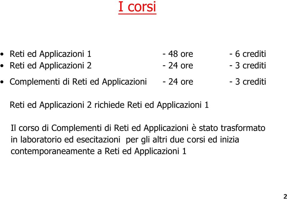 ed Applicazioni 1 Il corso di Complementi di Reti ed Applicazioni è stato trasformato in