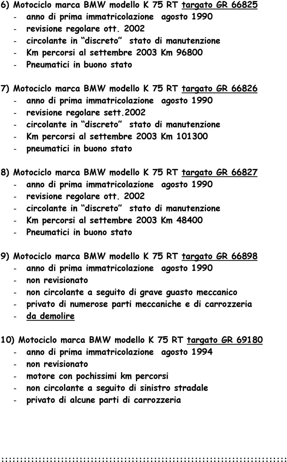 2002 - Km percorsi al settembre 2003 Km 101300 - pneumatici in buono stato 8) Motociclo marca BMW modello K 75 RT targato GR 66827 - revisione regolare ott.