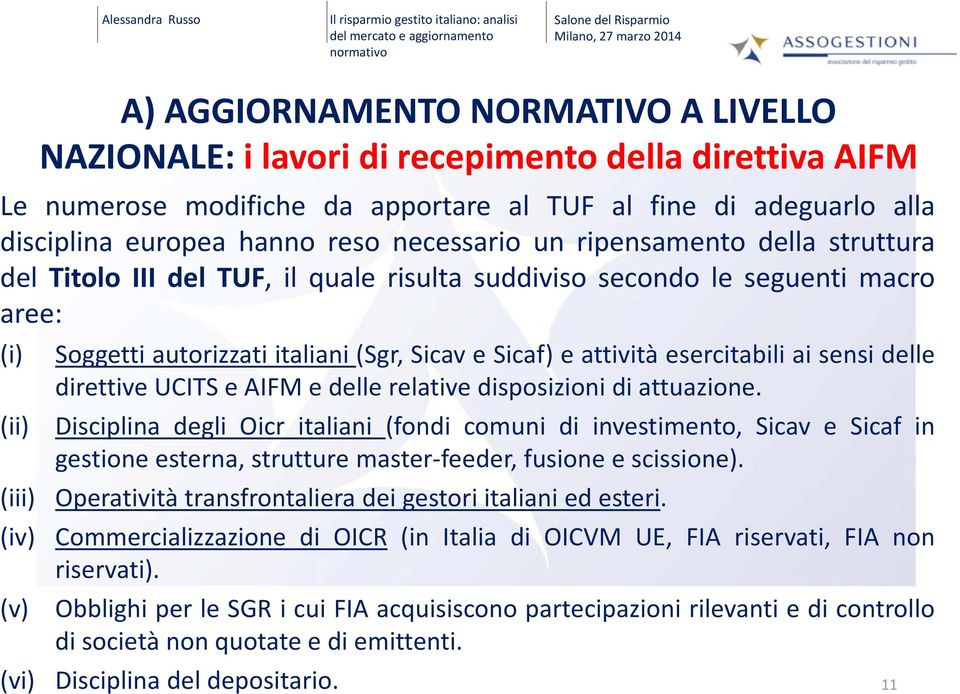 macro aree: (i) Soggetti autorizzati italiani (Sgr, Sicav e Sicaf) e attività esercitabili ai sensi delle direttive UCITS e AIFM e delle relative disposizioni di attuazione.