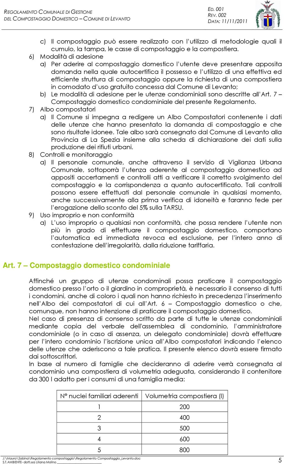 di compostaggio oppure la richiesta di una compostiera in comodato d uso gratuito concessa dal Comune di Levanto; b) Le modalità di adesione per le utenze condominiali sono descritte all Art.