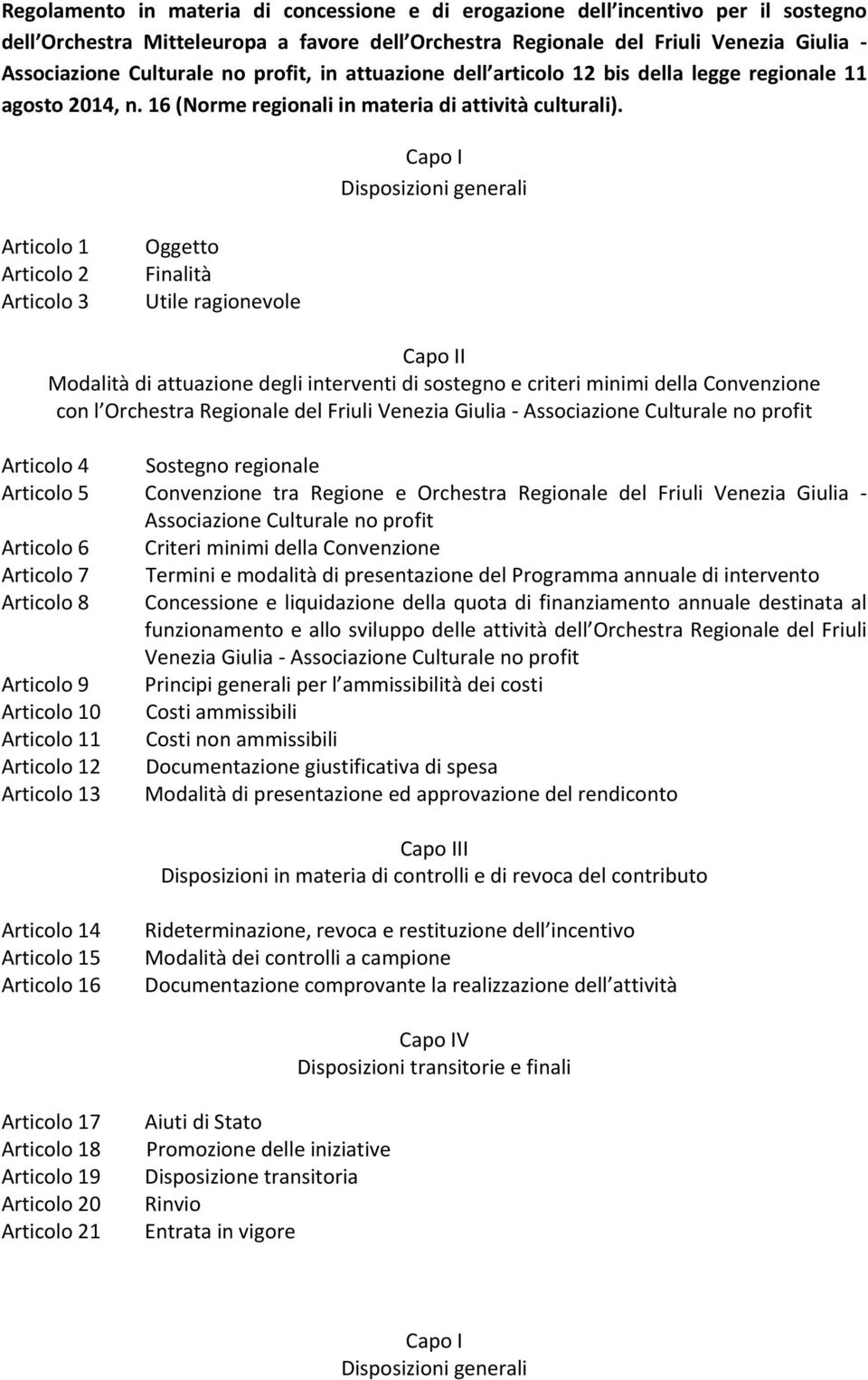 Capo I Disposizioni generali Articolo 1 Articolo 2 Articolo 3 Oggetto Finalità Utile ragionevole Capo II Modalità di attuazione degli interventi di sostegno e criteri minimi della Convenzione con l