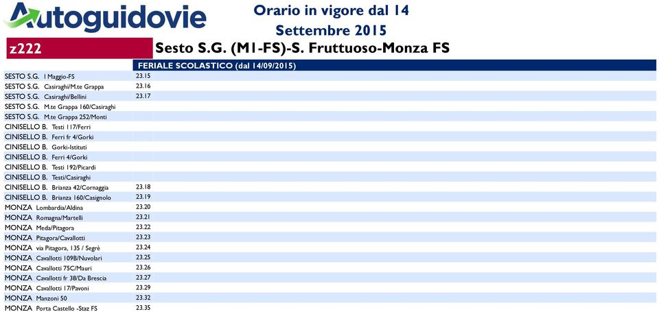 18 CINISELLO B. Brianza 160/Casignolo 23.19 MONZA Lombardia/Aldina 23.20 MONZA Romagna/Martelli 23.21 MONZA Meda/Pitagora 23.22 MONZA Pitagora/Cavallotti 23.23 MONZA via Pitagora, 135 / Segrè 23.