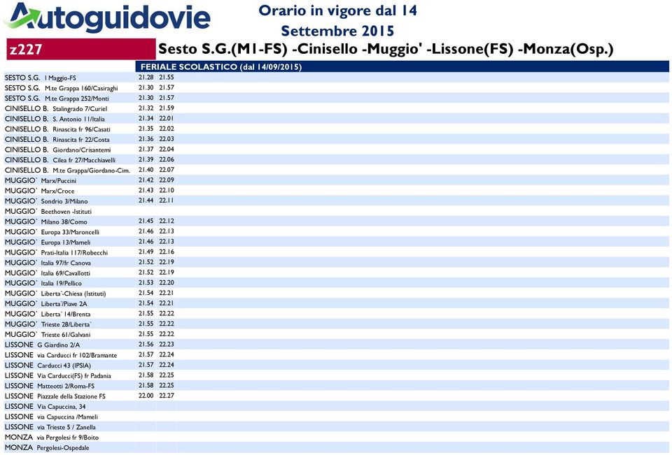 06 CINISELLO B. M.te Grappa/Giordano-Cim. 21.40 22.07 MUGGIO` Marx/Puccini 21.42 22.09 MUGGIO` Marx/Croce 21.43 22.10 MUGGIO` Sondrio 3/Milano 21.44 22.