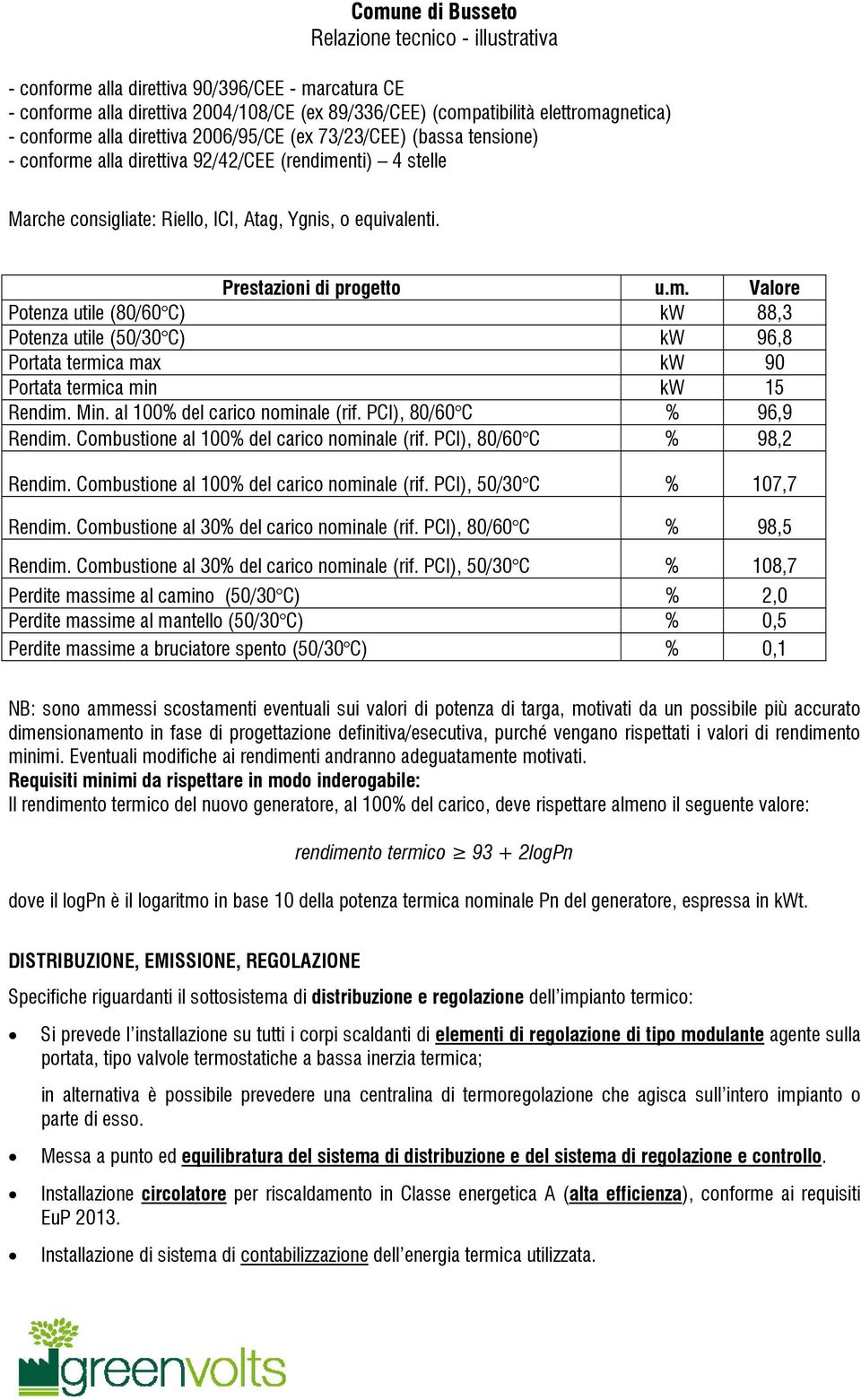 M. al 100% del carco omale (rf. PCI), 80/60 C % 96,9 Redm. Combustoe al 100% del carco omale (rf. PCI), 80/60 C % 98,2 Redm. Combustoe al 100% del carco omale (rf. PCI), 50/30 C % 107,7 Redm.