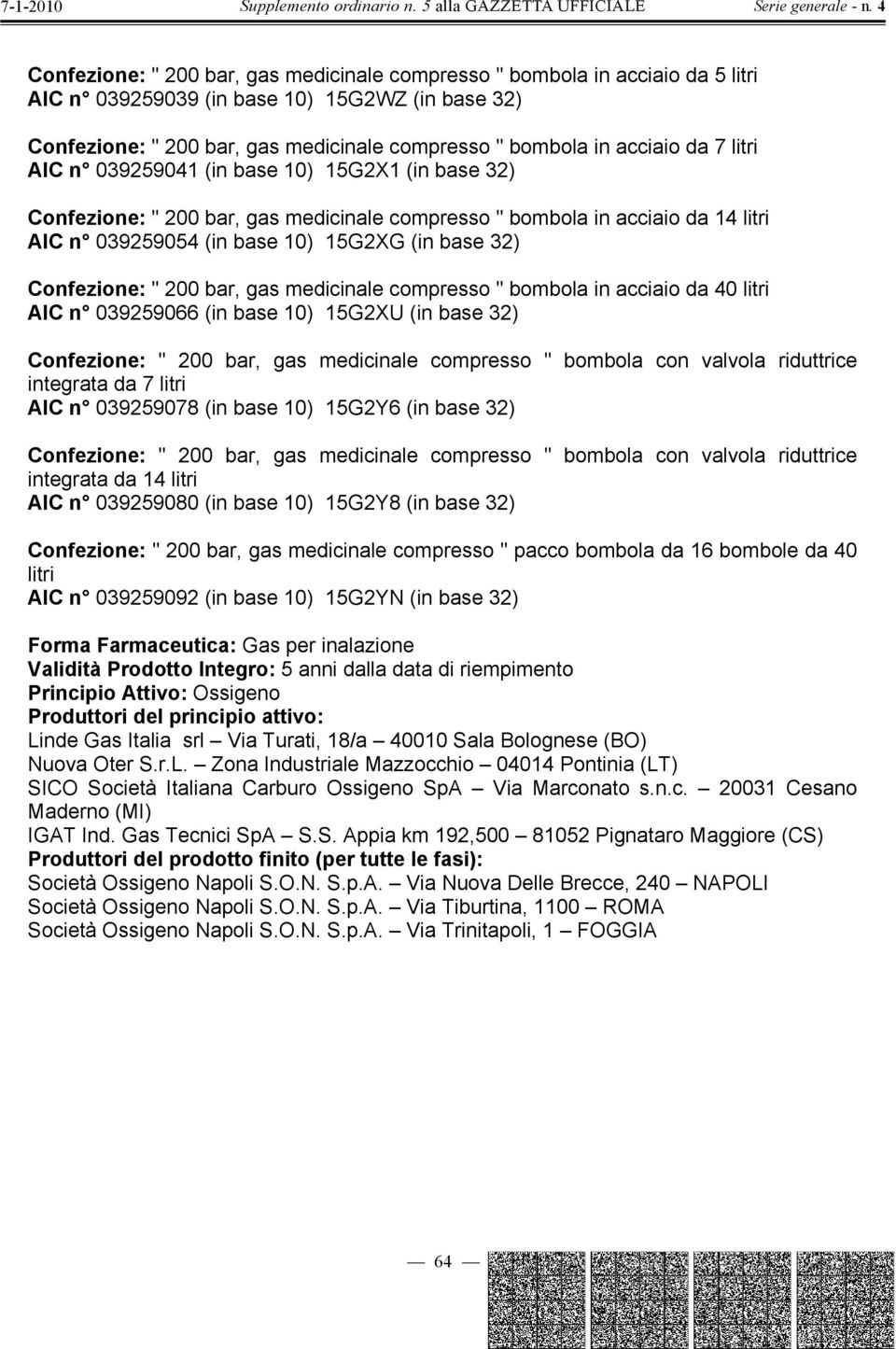 bar, gas medicinale compresso " bombola in acciaio da 40 litri AI n 039259066 (in base 10) 15G2XU (in base 32) onfezione: " 200 bar, gas medicinale compresso " bombola con valvola riduttrice