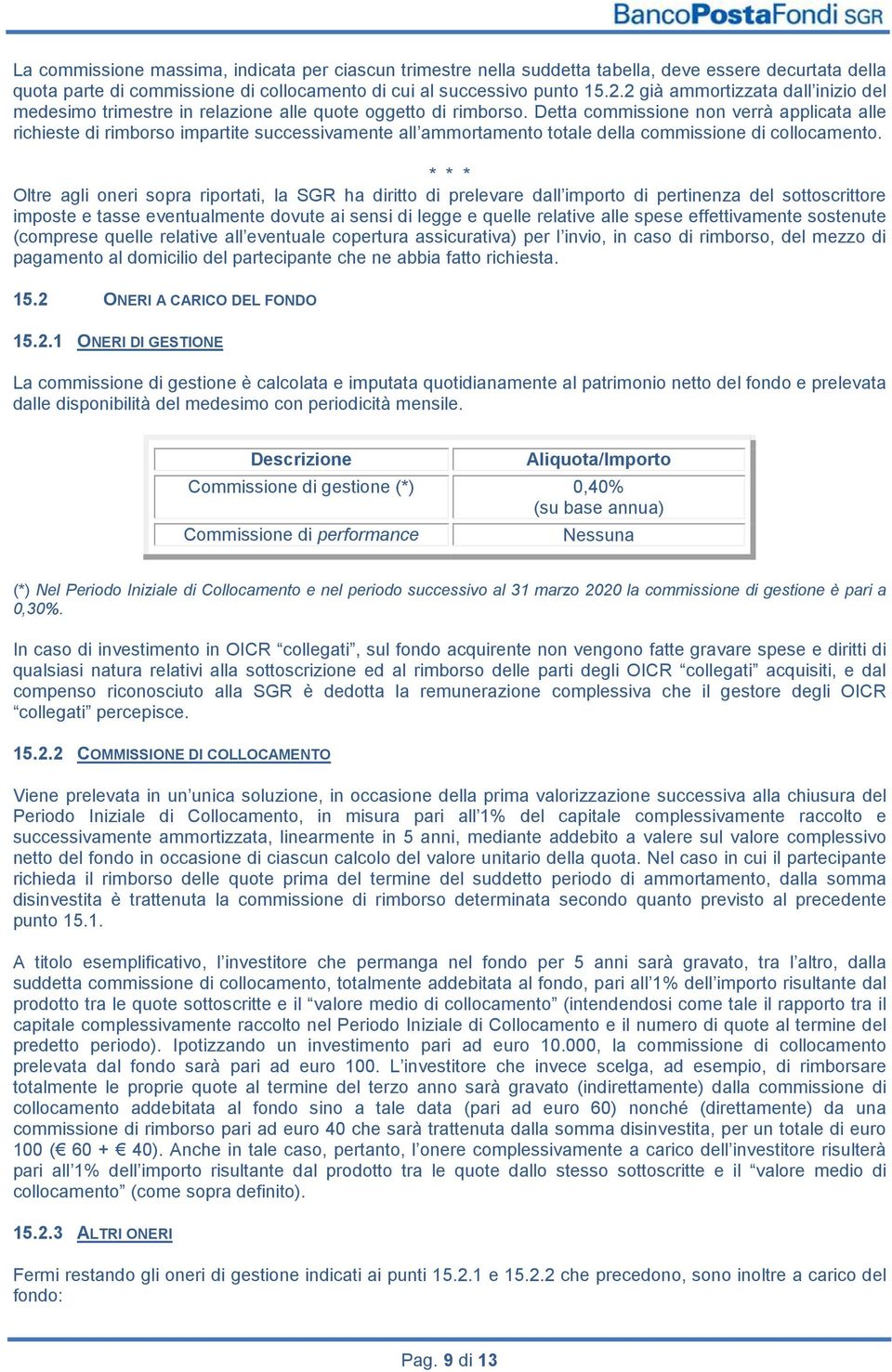 Detta commissione non verrà applicata alle richieste di rimborso impartite successivamente all ammortamento totale della commissione di collocamento.