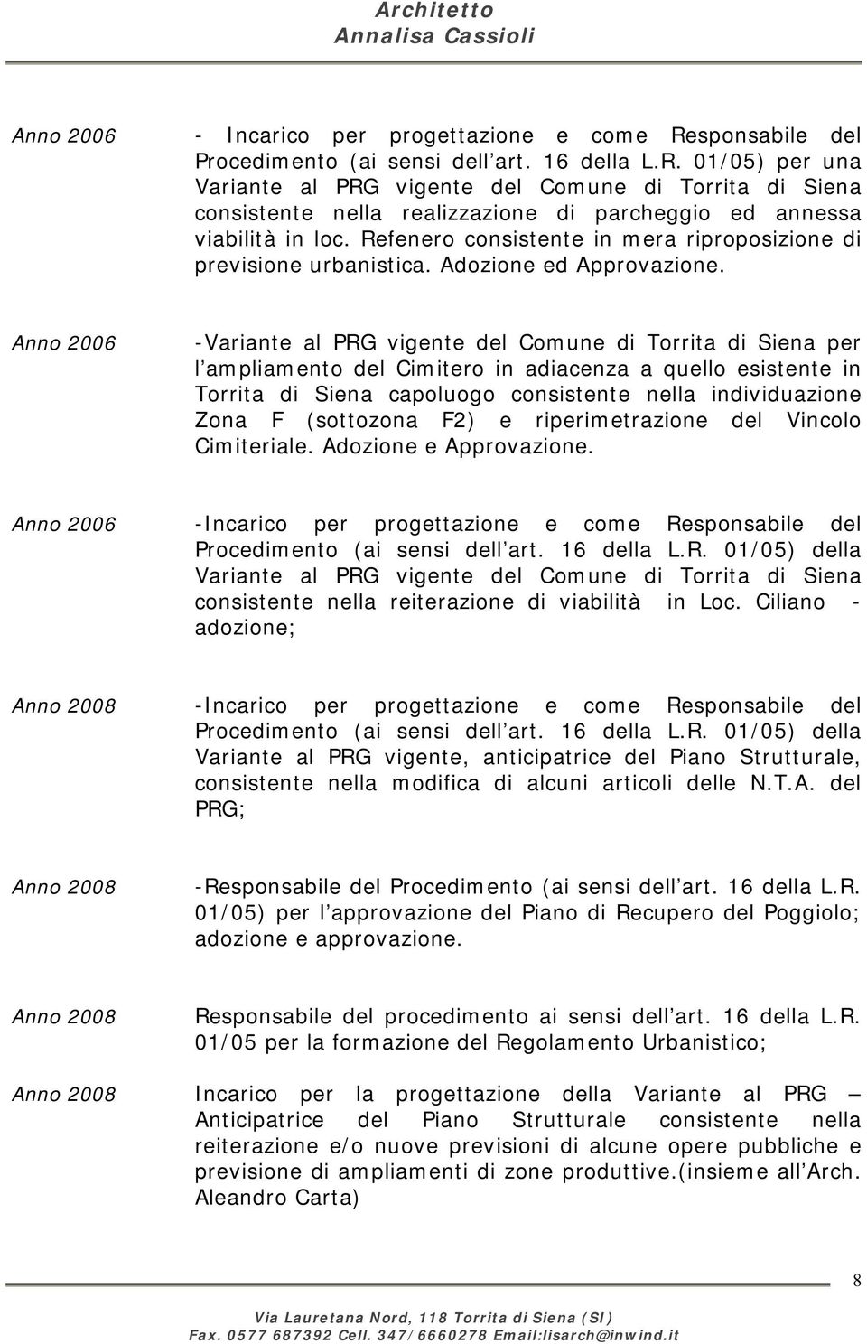Anno 2006 -Variante al PRG vigente del Comune di Torrita di Siena per l ampliamento del Cimitero in adiacenza a quello esistente in Torrita di Siena capoluogo consistente nella individuazione Zona F