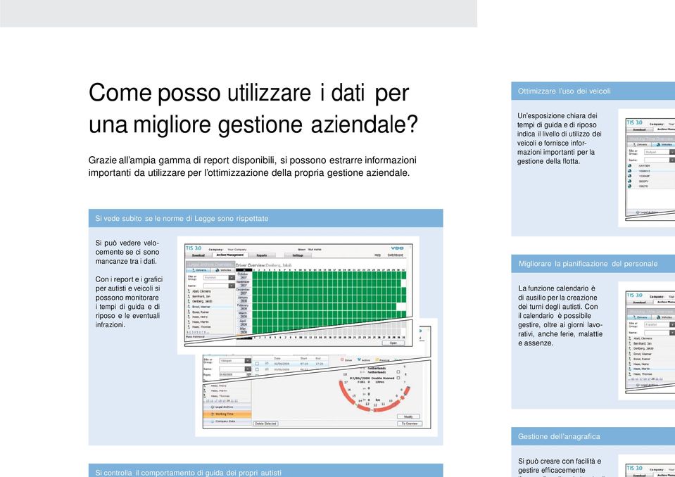 Ottimizzare l uso dei veicoli Un esposizione chiara dei tempi di guida e di riposo indica il livello di utilizzo dei veicoli e fornisce informazioni importanti per la gestione della flotta.