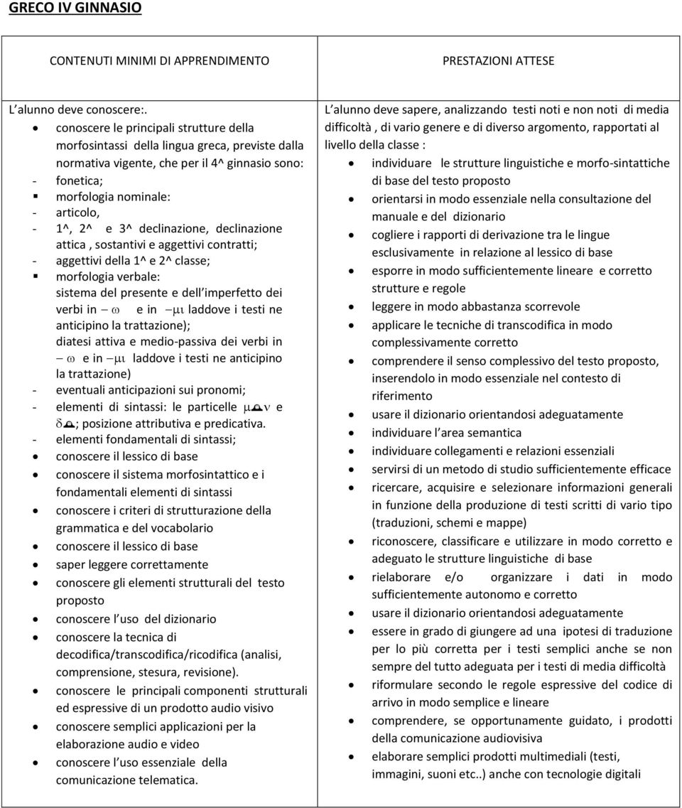 declinazione, declinazione attica, sostantivi e aggettivi contratti; - aggettivi della 1^ e 2^ classe; morfologia verbale: sistema del presente e dell imperfetto dei verbi in e in laddove i testi ne