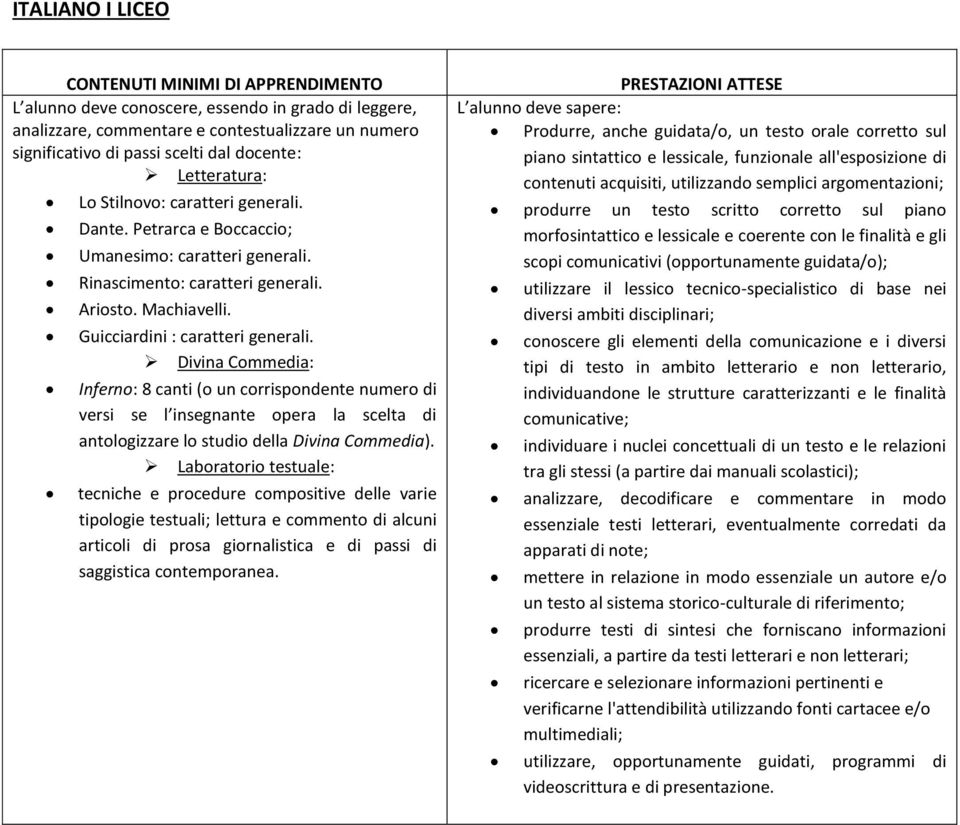 Divina Commedia: Inferno: 8 canti (o un corrispondente numero di versi se l insegnante opera la scelta di antologizzare lo studio della Divina Commedia).