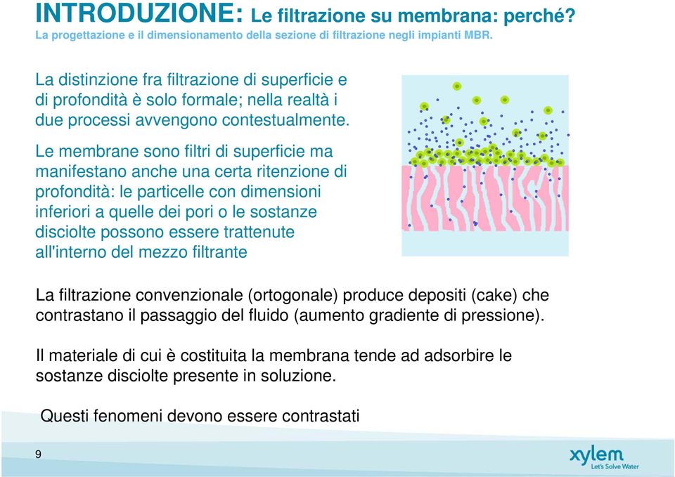 Le membrane sono filtri di superficie ma manifestano anche una certa ritenzione di profondità: le particelle con dimensioni inferiori a quelle dei pori o le sostanze disciolte