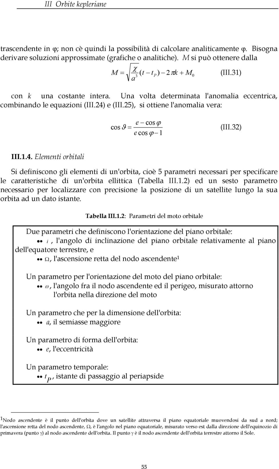 e (III.5), si ottiene l'anomalia vea: e cosϕ cosϑ= ecosϕ 1 (III.3) III.1.4.