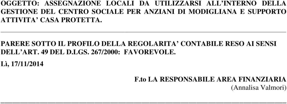 PARERE SOTTO IL PROFILO DELLA REGOLARITA CONTABILE RESO AI SENSI DELL ART. 49 DEL D.