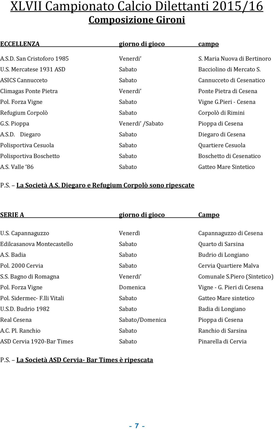 S.D. Diegaro Sabato Diegaro di Cesena Polisportiva Cesuola Sabato Quartiere Cesuola Polisportiva Boschetto Sabato Boschetto di Cesenatico A.S. Valle 86 Sabato Gatteo Mare Sintetico P.S. La Società A.