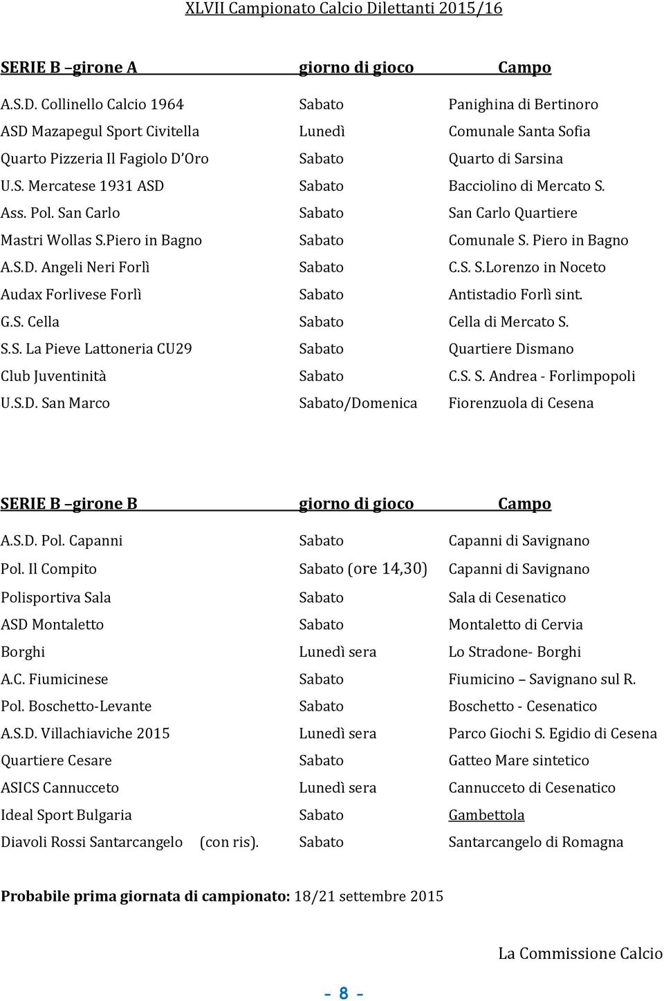 S. S.Lorenzo in Noceto Audax Forlivese Forlì Sabato Antistadio Forlì sint. G.S. Cella Sabato Cella di Mercato S. S.S. La Pieve Lattoneria CU29 Sabato Quartiere Dismano Club Juventinità Sabato C.S. S. Andrea - Forlimpopoli U.