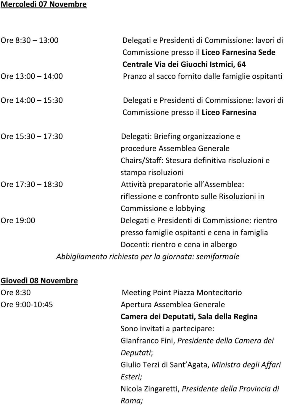 Assemblea Generale Chairs/Staff: Stesura definitiva risoluzioni e stampa risoluzioni Ore 17:30 18:30 Attività preparatorie all Assemblea: riflessione e confronto sulle Risoluzioni in Commissione e