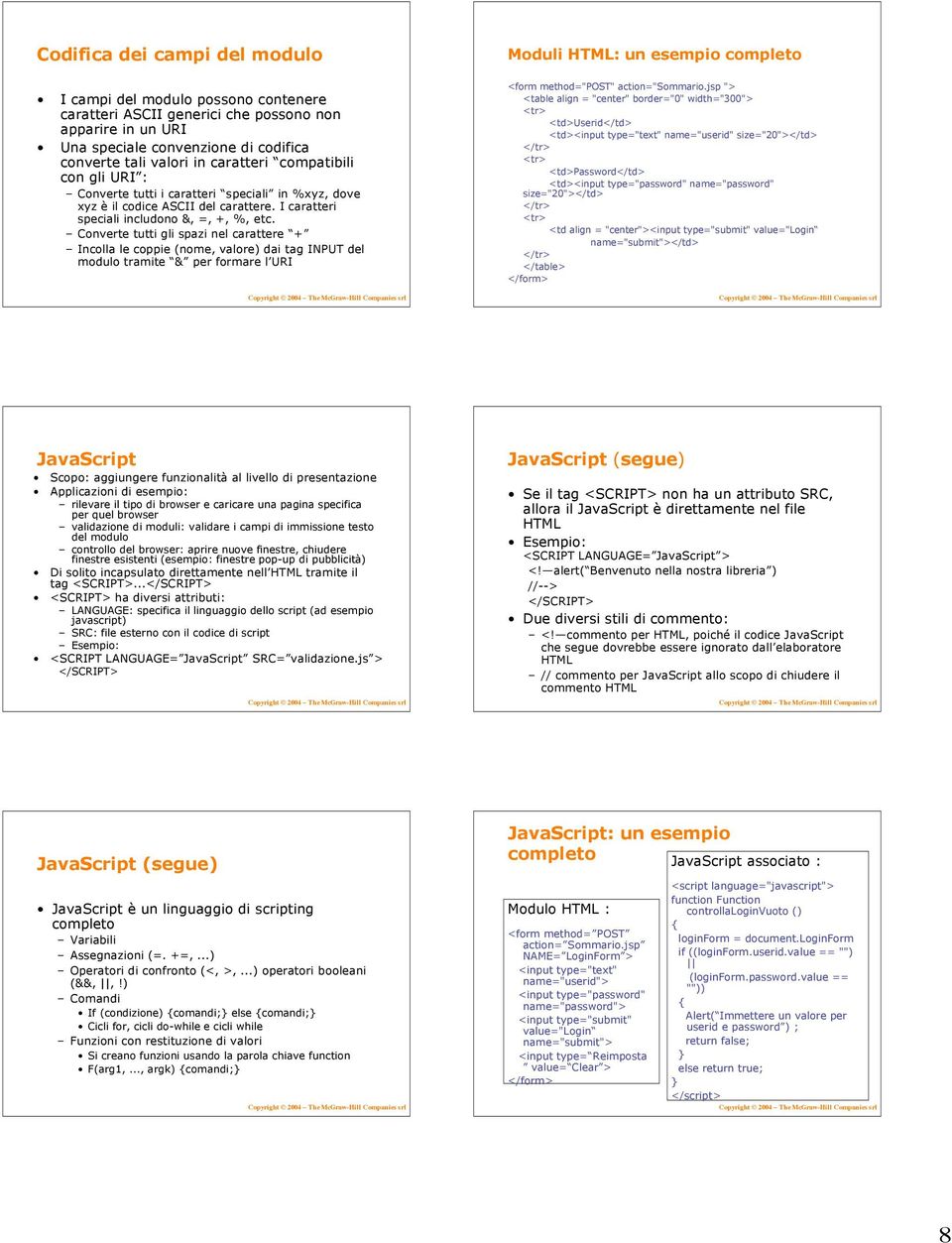 Converte tutti gli spazi nel carattere + Incolla le coppie (nome, valore) dai tag INPUT del modulo tramite & per formare l URI Moduli HTML: un esempio completo <form method="post" action="sommario.