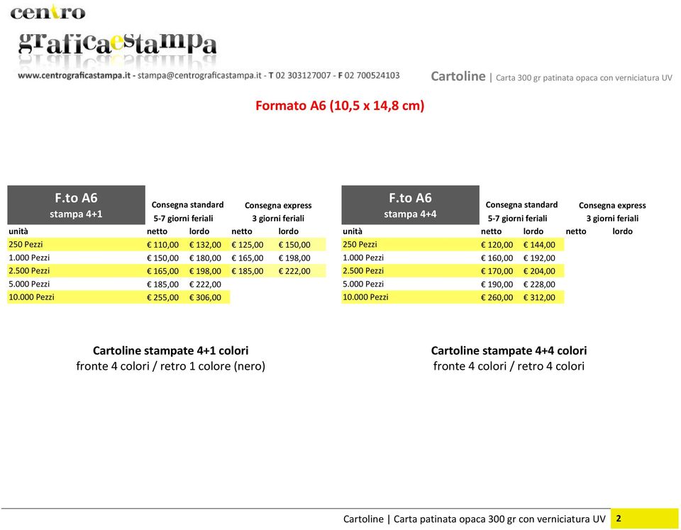 000 Pezzi 185,00 222,00 10.000 Pezzi 255,00 306,00 F.to A6 250 Pezzi 120,00 144,00 1.