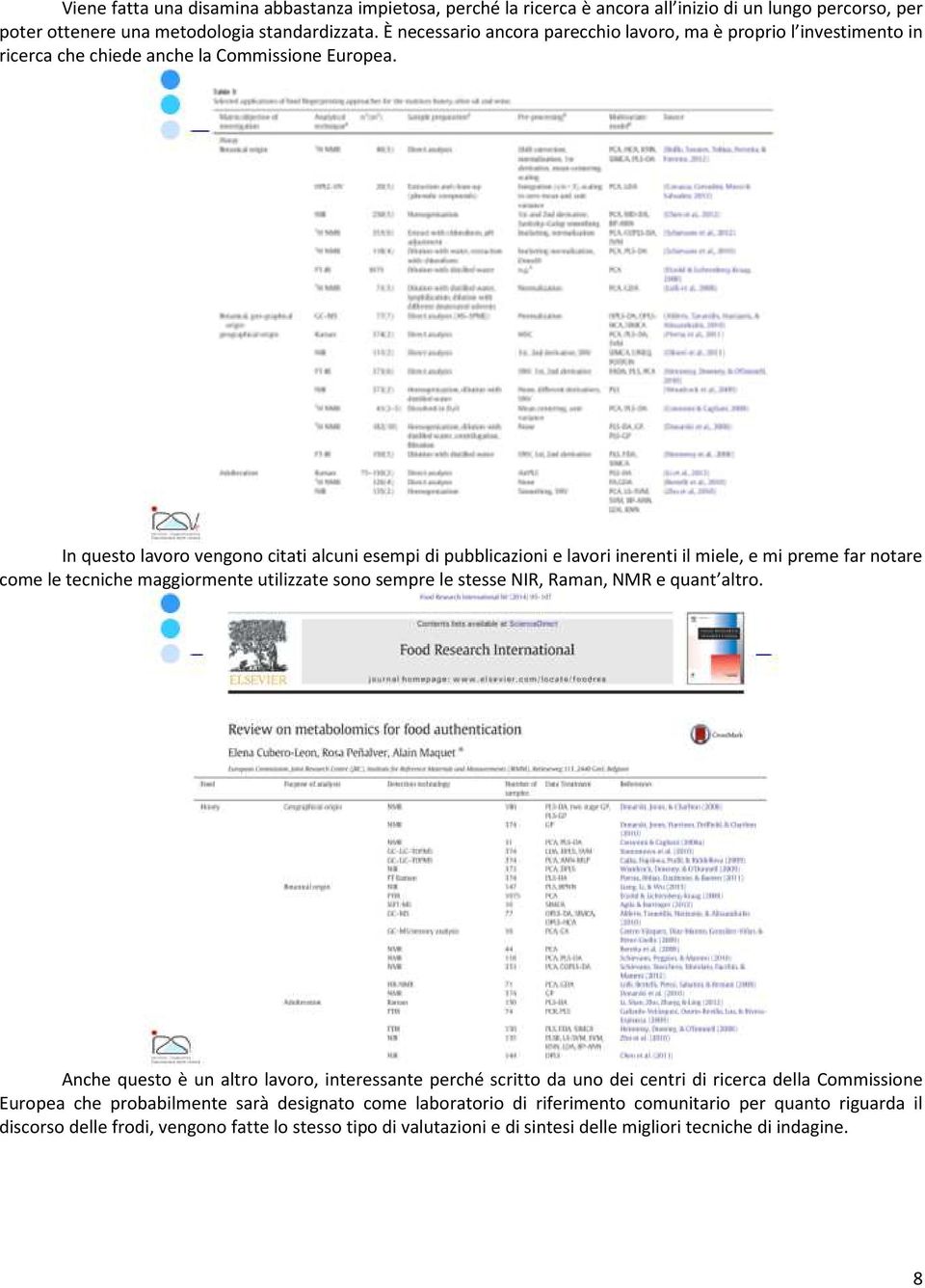 In questo lavoro vengono citati alcuni esempi di pubblicazioni e lavori inerenti il miele, e mi preme far notare come le tecniche maggiormente utilizzate sono sempre le stesse NIR, Raman, NMR e quant