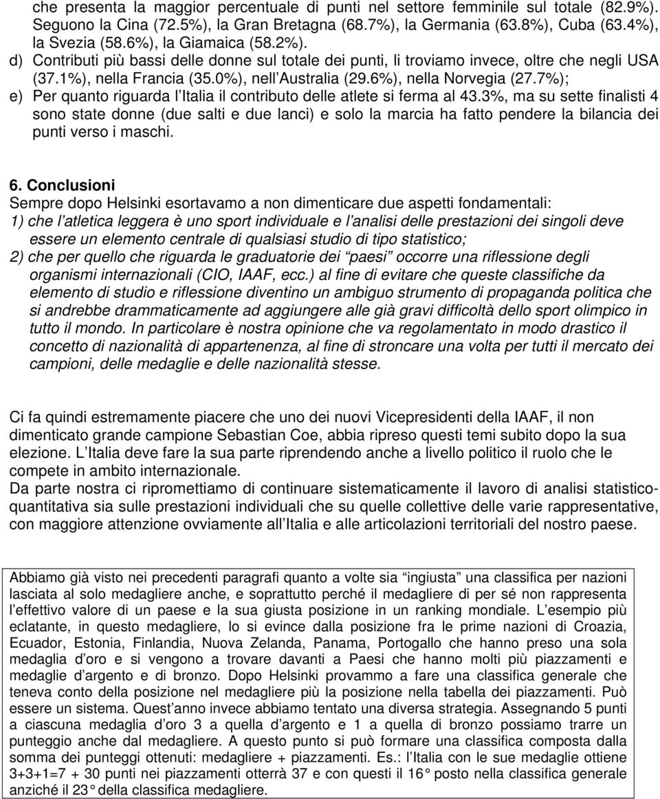 7%); e) Per quanto riguarda l Italia il contributo delle atlete si ferma al 43.