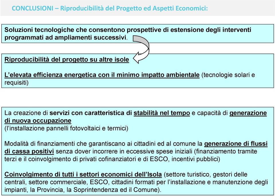 nel tempo e capacità di generazione di nuova occupazione (l installazione pannelli fotovoltaici e termici) Modalità di finanziamenti che garantiscano ai cittadini ed al comune la generazione di