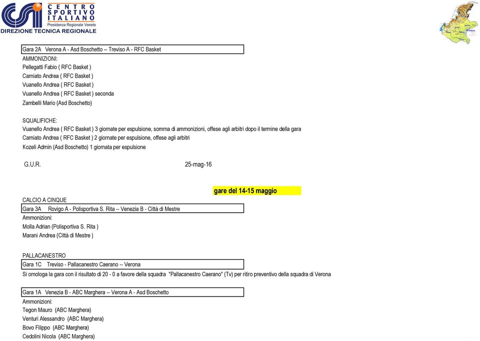 ) 2 giornate per espulsione, offese agli arbitri Kozeli Admin (Asd Boschetto) 1 giornata per espulsione G.U.R. 25-mag-16 CALCIO A CINQUE Gara 3A Rovigo A - Polisportiva S.