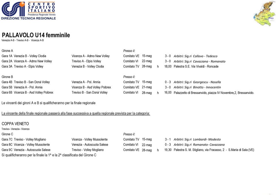 ri Cavazzana - Romanato Gara 3A Treviso A - Elpis VolleyElpis Volley Venezia B - Volley Clodia- Volley Annia Comitato TV 28-mag h 18,00 Palestra S.E. Via Vivaldi - Roncade Girone B Gara 4B Treviso B - San Donà Volley San Donà VolleyVenezia A - Pol.