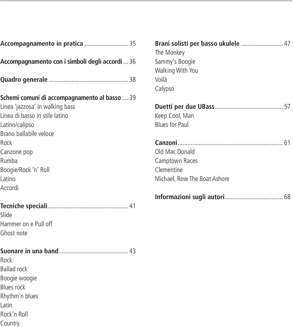 .. 41 Slide Hammer on e Pull off Ghost note Brani solisti per basso ukulele... 47 The Monkey Sammy s Boogie Walking With You Voilà Calypso Duetti per due UBass.