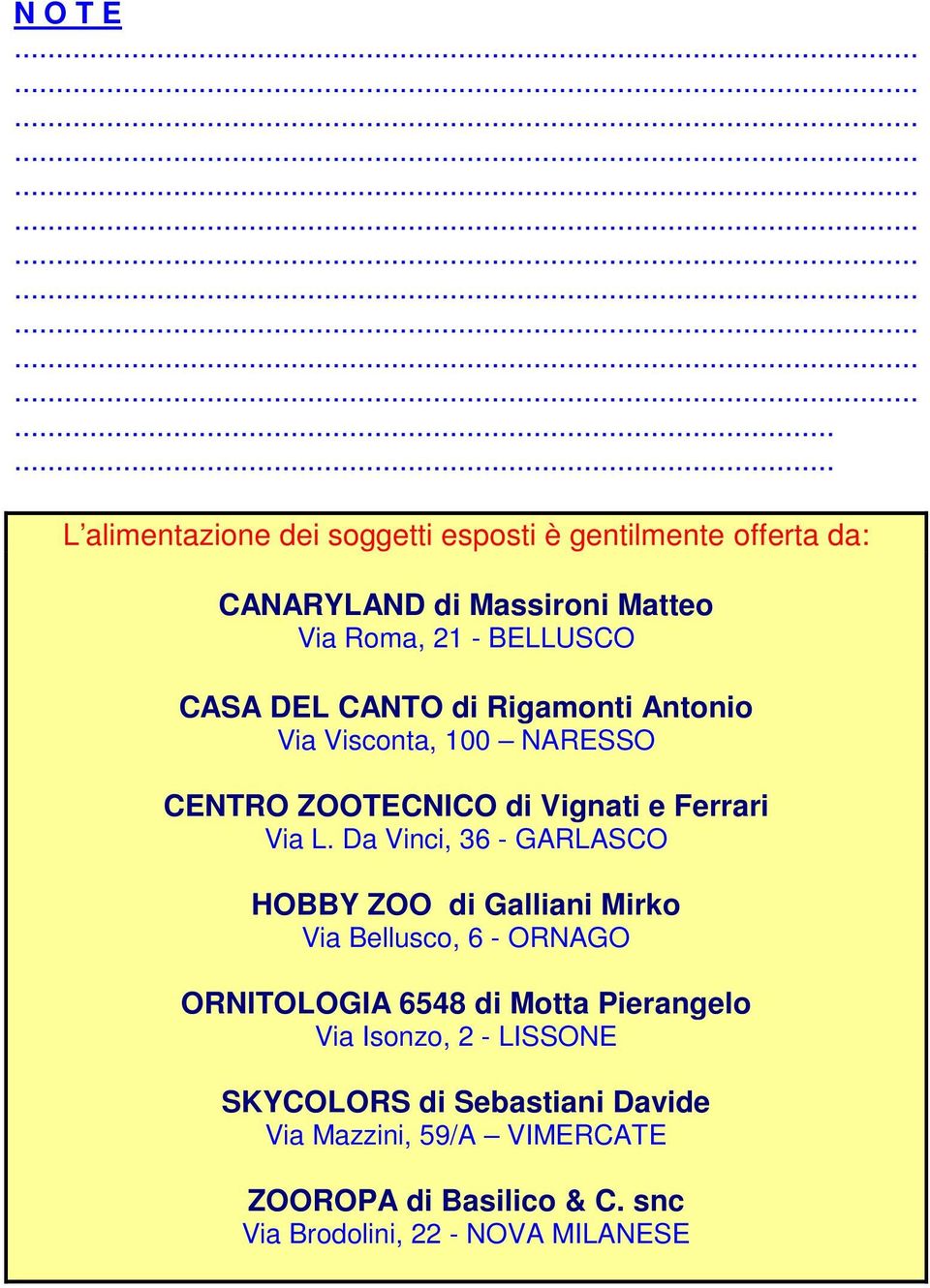 Via Roma, 21 - BELLUSCO CASA DEL CANTO di Rigamonti Antonio Via Visconta, 100 NARESSO CENTRO ZOOTECNICO di Vignati e Ferrari Via L.