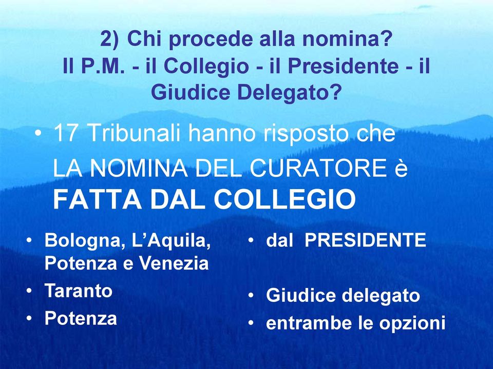 17 Tribunali hanno risposto che LA NOMINA DEL CURATORE è FATTA DAL