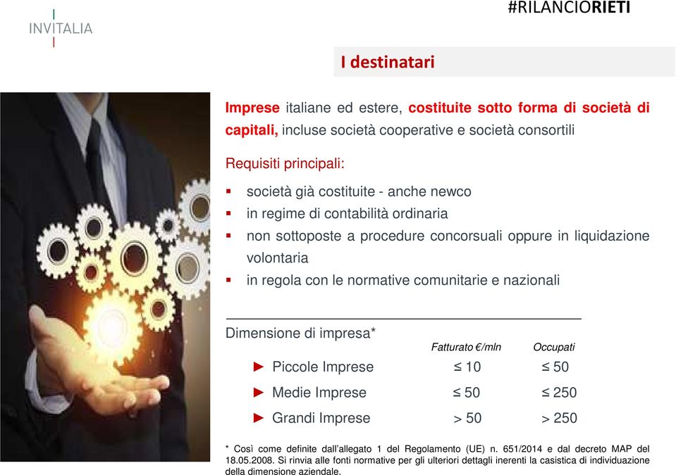 nazionali Dimensione di impresa* Fatturato /mln Occupati Piccole Imprese 10 50 Medie Imprese 50 250 Grandi Imprese > 50 > 250 * Così come definite dall allegato 1 del