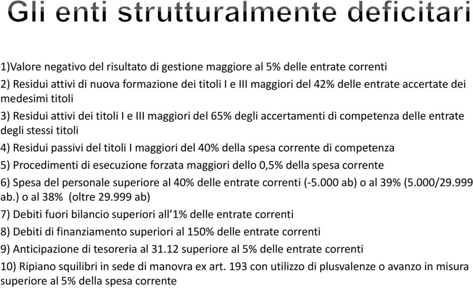 competenza 5) Procedimenti di esecuzione forzata maggiori dello 0,5% della spesa corrente 6) Spesa del personale superiore al 40% delle entrate correnti (-5.000 ab) o al 39% (5.000/29.999 ab.