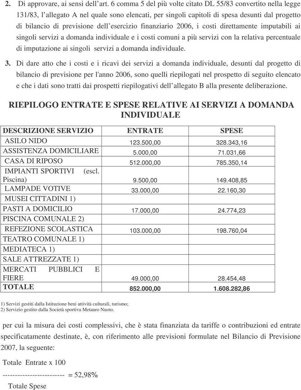 esercizio finanziario 2006, i costi direttamente imputabili ai singoli servizi a domanda individuale e i costi comuni a più servizi con la relativa percentuale di imputazione ai singoli servizi a