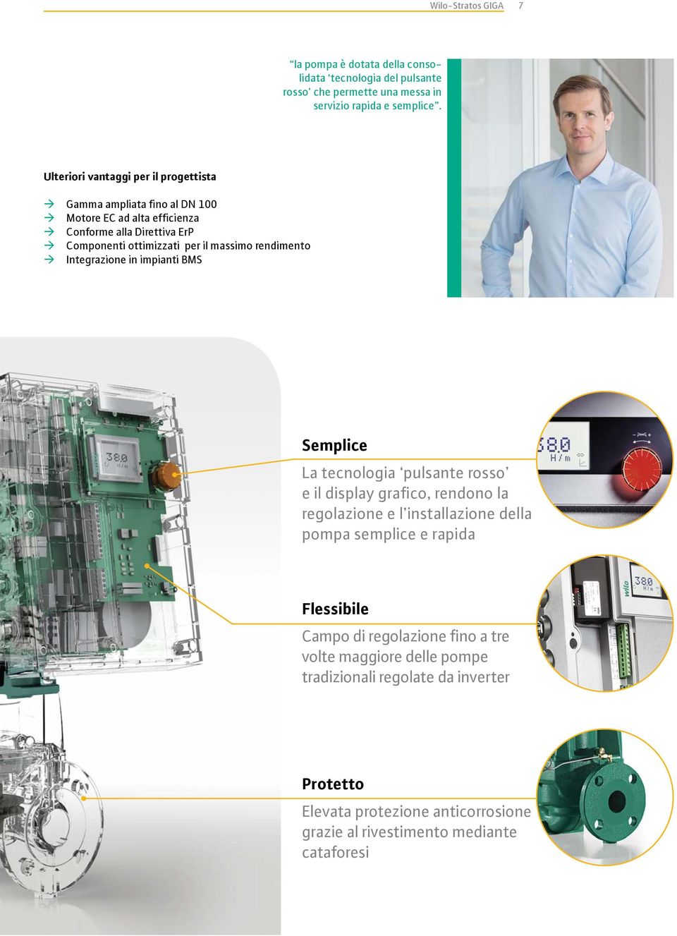 massimo rendimento Integrazione in impianti BMS Semplice La tecnologia pulsante rosso e il display grafico, rendono la regolazione e l installazione della pompa