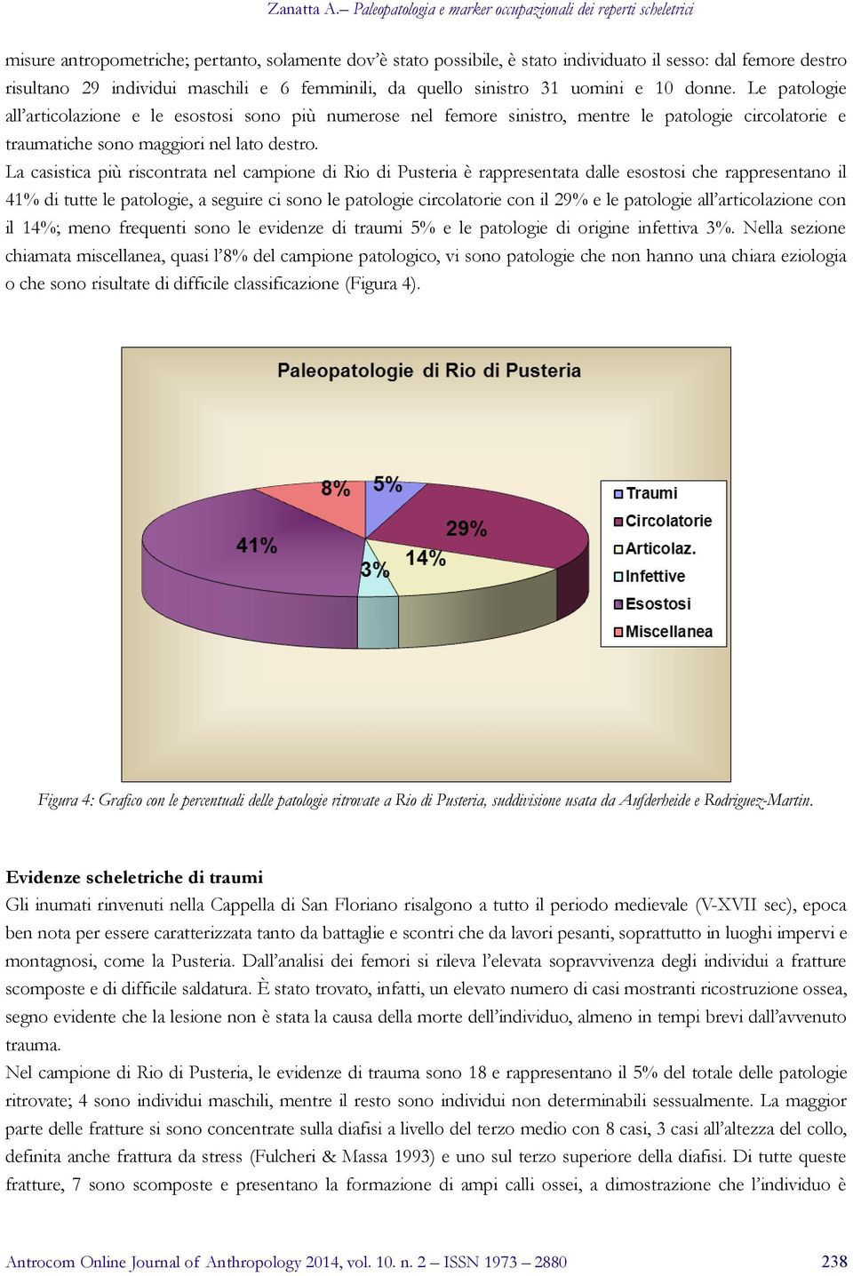 La casistica più riscontrata nel campione di Rio di Pusteria è rappresentata dalle esostosi che rappresentano il 41% di tutte le patologie, a seguire ci sono le patologie circolatorie con il 29% e le